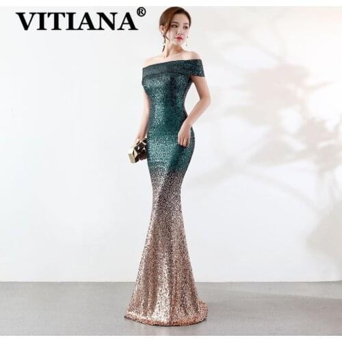 VITIANA Women Sexy Party Sequined Long Dress Female Off Shoulder Strapless Elegant Dresses Femme Noble Banquet Green Vestidos