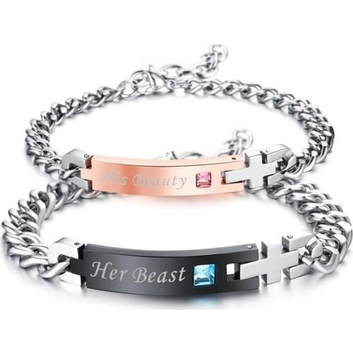 Top Quality Stainless Steel Zircon Black Rose Gold Color Letters Decorating Couple Bracelet Anniversary Bracelets Jewelry Gift