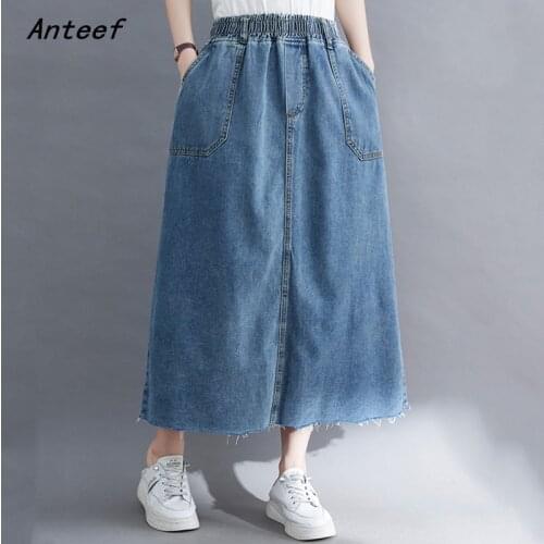 Vintage high waist summer autumn casual loose long for woman Elastic waist denim skirts womens 2021 skirt clothes