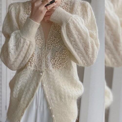 New Autumn Ladies Vintage Sweet Single Breasted Hollow Pearl Blouse Streetwear Casual Tops Wild knitted Cardigan Loose Sweater