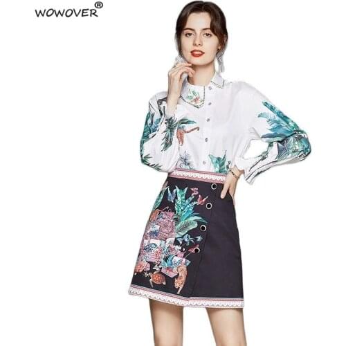 Spring Autumn Womens Casual Dress Suit 2021 Runway Retro Fashion Full Sleeve Print Shirt with Skirt 2 Piece Sets Vintage Outfit