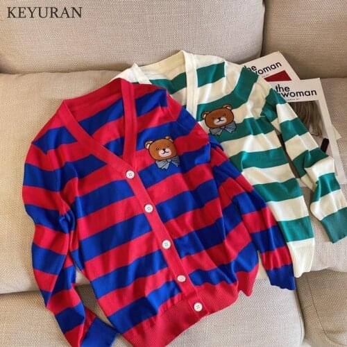 2021 New Women Knitted Cardigan Sweater Fashion Spring Summer Autumn Women Striped V-Neck Long Sleeve Tops Knit Sweaters Coat