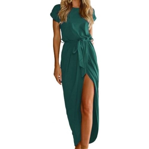 Elegant Women Dress Summer Solid Color Short Sleeve Irregular Hem Front Split Straight Maxi Dresses Beach Party
