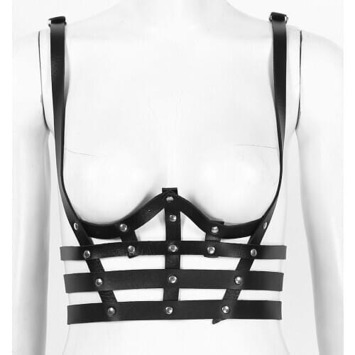 Gothic Lingerie Punk Sexy Erotic Open Cups Crop Top Faux Leather Adjustable Body Chest Bust Harness Waist Belt Roleplay Costume