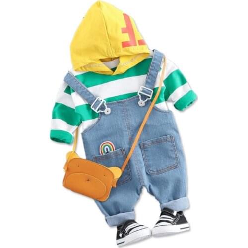 Spring Autumn Children Baby Girls Boys Clothing Sets Stripe Hooded T Shirt Straps Pants 2pcs Infant Clothes Suit Toddler Costume