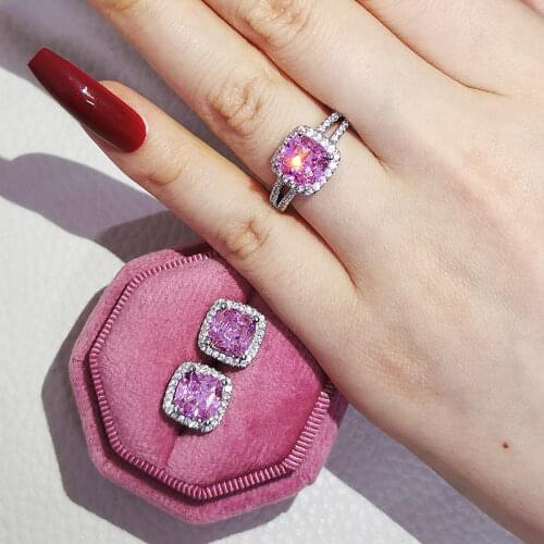 925 Sterling Silver Jewelry set halo Engagement ring round stud earring for Wedding Valentines Day Valentines Day J4934-PINK