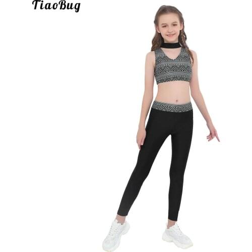 TiaoBug Summer Black Kids Girls 2Pcs Geometric Sleeveless Workout Tanks Crop Top With Leggings Gymnastics Dance Sport Tracksuit