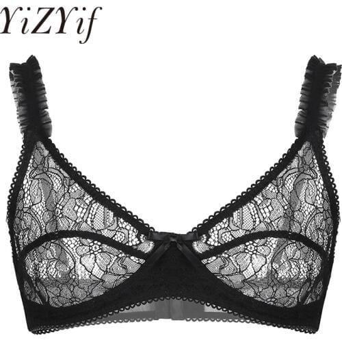 YiZYiF Mens Sissy Bra Tops See Through Sheer Floral Lace Lingerie Adjustable Spaghetti Straps Wire-free No Padded Bralette Bra