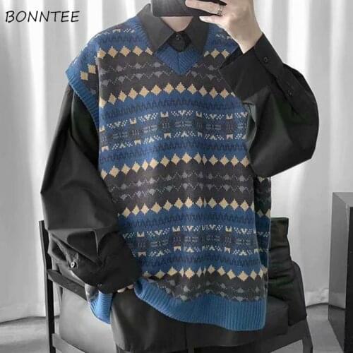 Sweater Vets Men Printed V-neck Leisure Preppy Style Loose Chic Sleeveless Tops Mens Waistcoat BF All-match Ins Outwear Teens