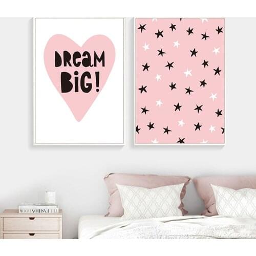 Pink Heart Star Dream Big Nursery Wall Art Canvas Poster Child Print Simple Painting Nordic Kids Picture Baby Girl Room Decor