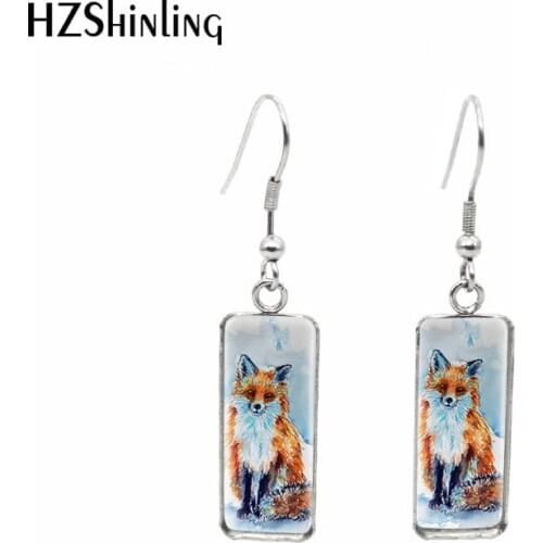 2020 New Red Fox Art Earring Wild Animal Rectangular Earring Handmade Hook Earrings Glass Dome Jewelry