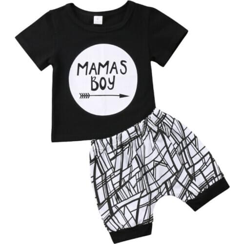 New 0-24 Months Baby Boys Clothes Set Black Letter Print T shirt White Striped Pants Cotton Clothing Newborn Set 2019