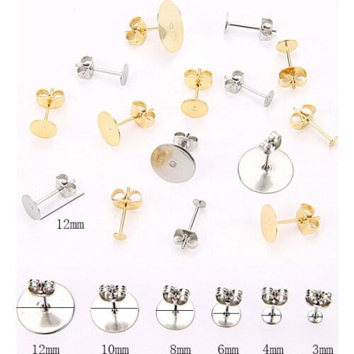 20/50pcs Stainless Steel Earring Post Finding Blank Base 10mm 12mm Cabochon Base Settings Earring Back Stopper Jewelry Making