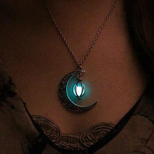 Glowing Crescent Moon Necklace,Glowing Orb Necklace,glow In The Dark Necklace,twilight Necklace,Halloween Jewelry,halloween Gift