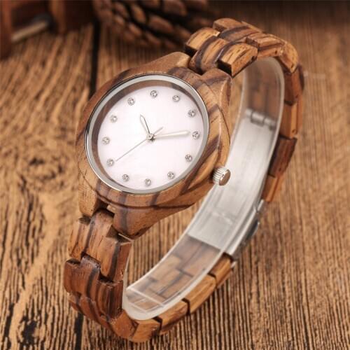 Luxury Rhinestones Design Womens Watches Natural Wooden Bangle Wristwatch Folding Clasp Ladies Wood Quartz Timepiece New 2021