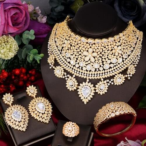 Luxury Flower Drop Cubic Zirconia bridal jewelry sets for women nigerian Jewelry sets Necklace Earrings set Bangle Ring Jewelry
