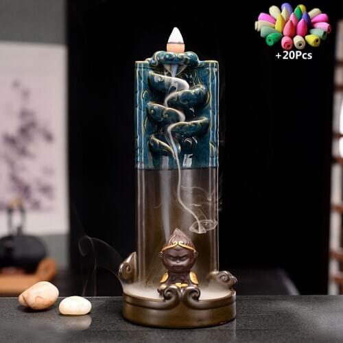 Luxury Gift Waterfall Backflow Incense Burner The Monkey King Holder Creative Home Office Decor Handicraft Ceramic Censer