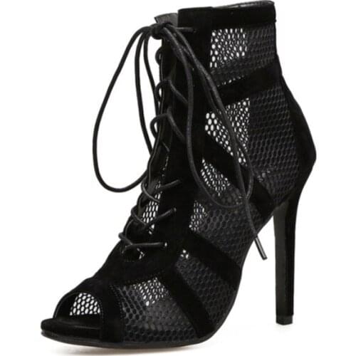 Net Surface Hollow Out Sandals 2021 Fashion Black Summer Sandals Lace Up Cross-Tied Peep Toe High Heel Ankle Strap