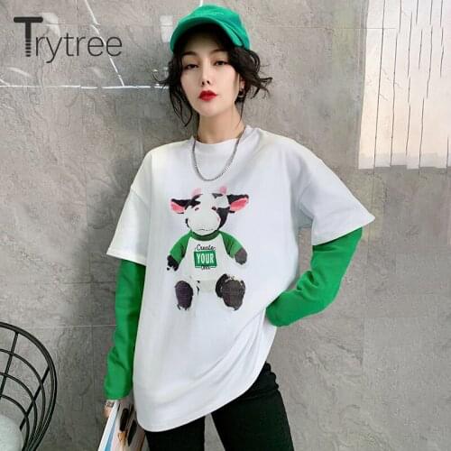 Trytree 2021 Spring Autumn Casual Fashion Cartoon Printed Tops For Women Color Sleeve Patchwork T-Shirt Streetwear Sweatshirt