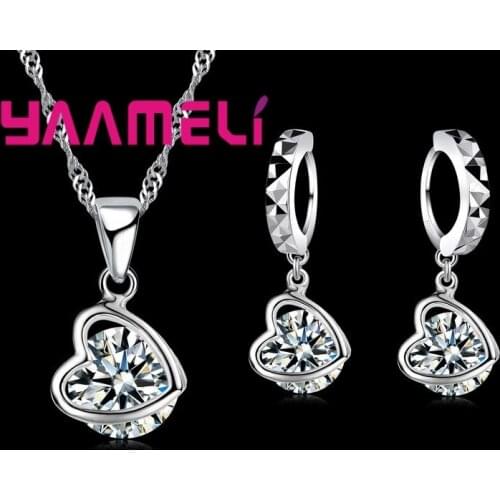 Top Quality 925 Sterling Silver Heart Shape Crystal Earring Pendant Necklace Wedding Jewelry Sets Bride Accessories Gift
