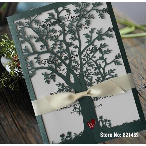 Green Color Tree Wedding Invitations, White Ribbon Invitation Cards, Laser Cut Tree Wedding Invitations - Set of 50