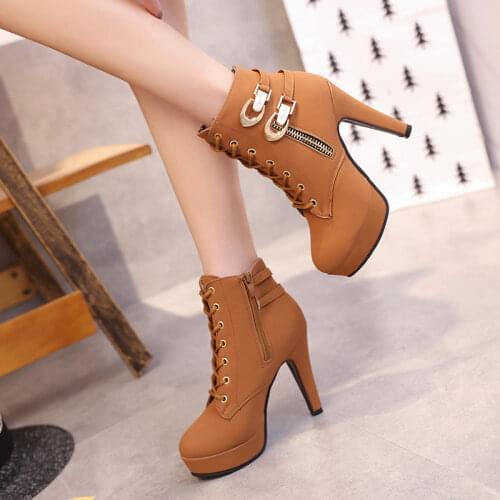 Plus Size 35-43 Platform Boots Autumn Winter Women Boots High Quality Solid Lace-up European Ladies shoes PU Leather 358