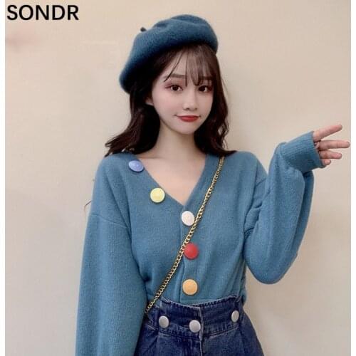 Autumn Fashion Sweater Female Cardigans For Women 2021 Korean V-Neck Color Button Lantern Sleeve Cardigan Coat Y2k Knitted Tops