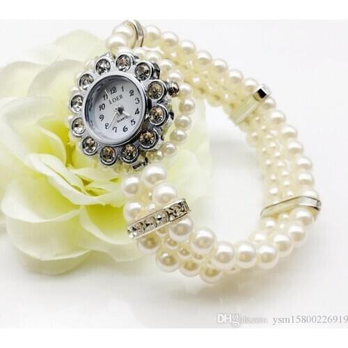 1PCS Fashion Women Casual Pearl String Watch Crystal Watch Rhinestone Watch Strap Quartz Wrist Watch Women Female Clock