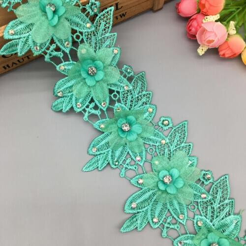 1 yard Dark Green 3D Wing Shape Pearl Rhinestones Flower Lace Trim Fabric Ribbon Wedding Dress Clothes Applique DIY Sewing Craft