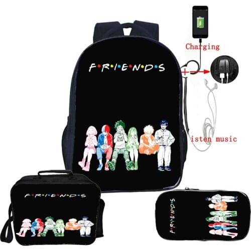 3pcs Set Boku No Hero Academia Backpack Students Anime Schoolbags Boys Girls Knapsack with Lunch Bag Pencil Box Kids USB Bagpack