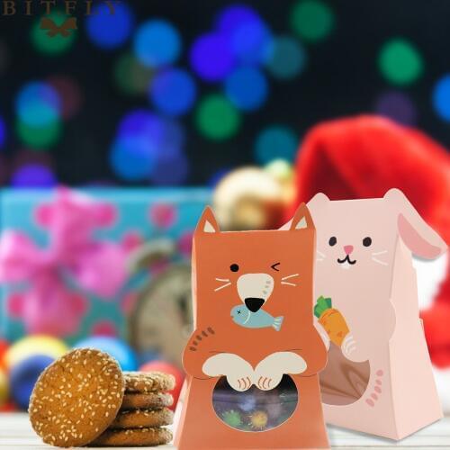 5pcs Cartoon Rabbit Cat Dog Candy Box Chocolate Cookie Gift Box Window Packing Box Kids Favor Baby Shower Birthday Party Supply