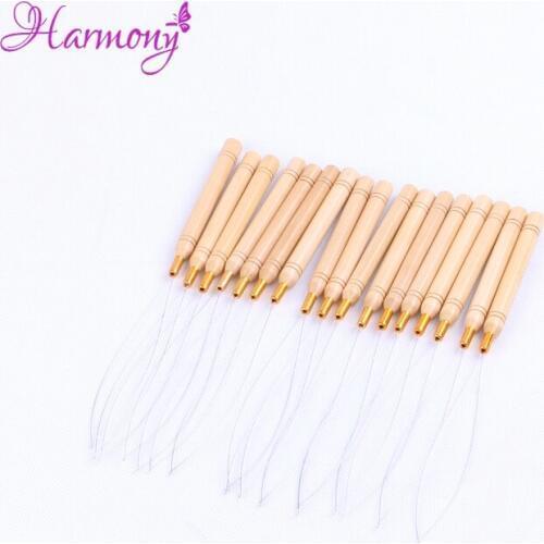 5pcs/lot Wooden Handle Micro Rings Loop Tool threader Pulling Needle Used For Pre Bonded Hair Extension Tools