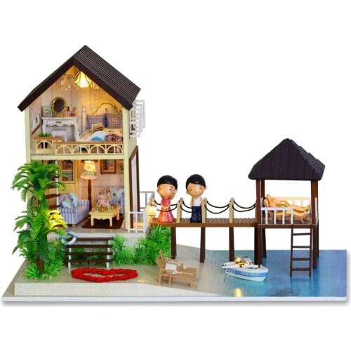 DIY Wooden Miniature Maldives Dollhouse LED Light Furniture Lovers Creative Handcraft Decoration Doll House Without Dust Cover