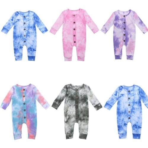 0-24M Infant Newborn Baby Autumn Romper Boys Girls Tie-Dye Single Breasted Long Sleeve Printed Jumpsuits Hot