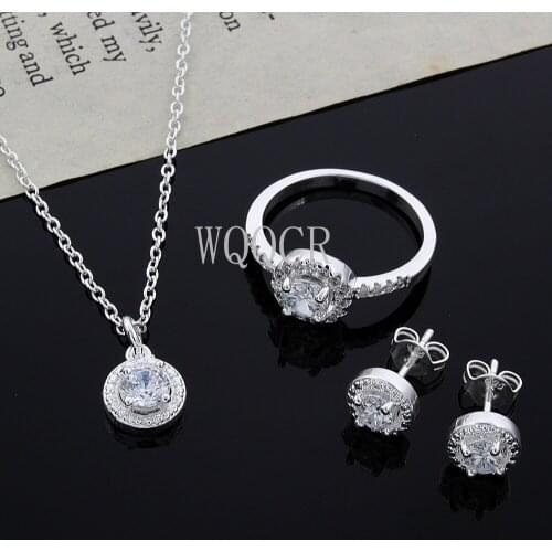 Hot Sale Silver Color Fashion Jewelry Sets Cubic Zircon Statement Necklace & Earrings Rings Wedding Jewelry for Women Gift