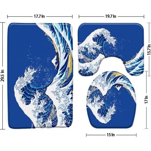 Big Waves Bath Mat Blue Background Bathroom Mats 3-Piece Set Shower Rugs Toilet Cover Carpet U-Shaped Pad Bathroom Products