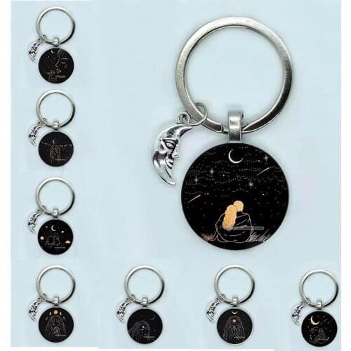 Personality Black Background Cold Series Cartoon Romantic Hand-Painted Sun Star Flower 25mm Keychain Moon Accessories Keyring Gl
