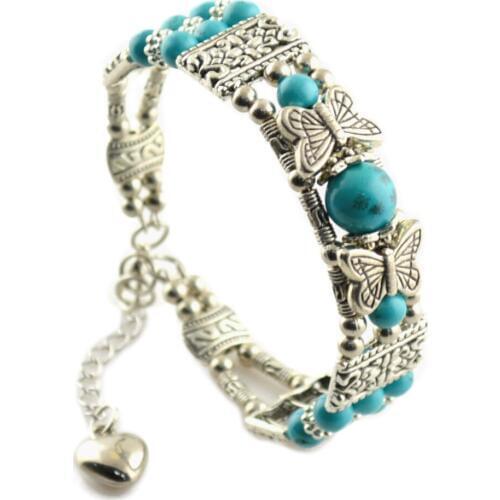 Wholesale Ancient Silver Color Alloy Butterfly Charms Bangles & Bracelets Heart Decorator With Blue Stone Bangles