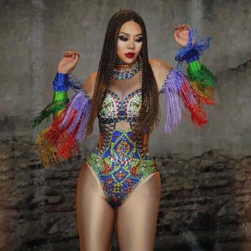 Multicolor Rhinestone Bodysuit Tassel Fringes Elastic Jumpsuit Sexy Stage Costume DJ DS Gogo Dance Performance Costumes DQS3505