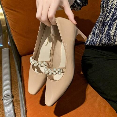 Thick Heel Square Toe Single Shoes Womens Sweet Pearl Mary Jane High Heels Fashion Grandma Shoes Elegant Lady Office Work Pumps