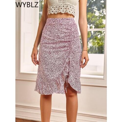 WYBLZ Bohemian Ruffled Summer Skirt Women High Waist Floral Print Drawstring Sexy Female Short Skirt A-line Laides Skirt 2021