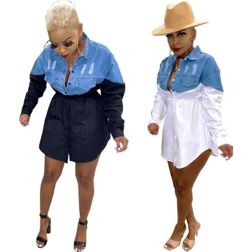 RStylish Women 2021 Autumn Fashion Denim Patchwork Turn Down Collar Long Sleeve Full Button T Shirt Mini Dress