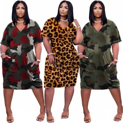 3XL Large Print Short Sleeve Dress Loose Fat Ladies Pocket V-neck Casual Skirt 180kg For Summer 2021 New MIDI Skirt Vestidos
