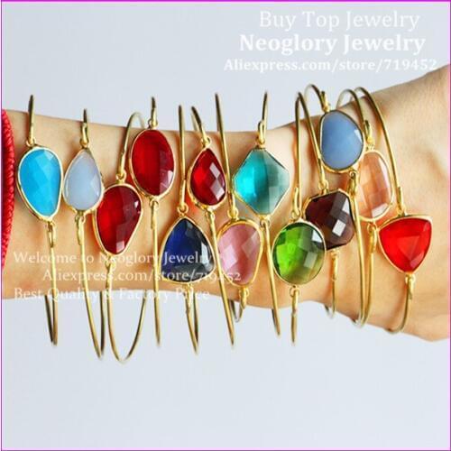 15pcs Exquisite Bangle Mix Color Glass Quartz Bangle metal Bangle Gems Druzy Stone Beads Cuff Bangle Bracelet