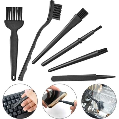 6 in 1 Plastic Small Portable Handle Nylon Anti Static Brushes Cleaning Keyboard Brush Kit, Black (Zip Bag )