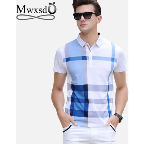Mwxsd brand summer mens casual plaid striped polo shirts men slim fit cotton polo male breath soft polo for fitness