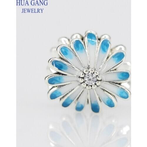 2020 Spring New Fits Pandora Bracelet 925 Sterling Silver Blue Daisy Flower Charms Beads for Jewelry Making
