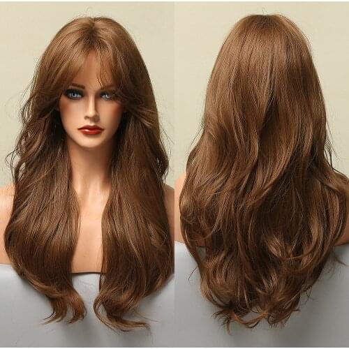Long Honey Brown Synthetic Wigs with Side Bangs Natural Wave Wigs for Afro American Women Heat Resistant Cosplay Party Daily Use