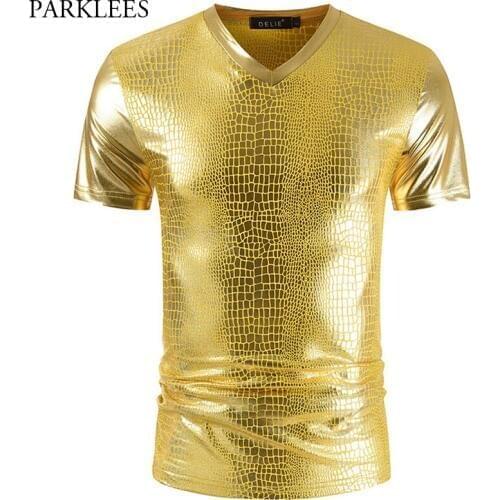 Gold Metallic Snake Pattern Club T-shirt Men 2020 Sexy New Short Sleeve V Neck Tee Shirt Homme Party Prom Stage T Shirt Male 3XL