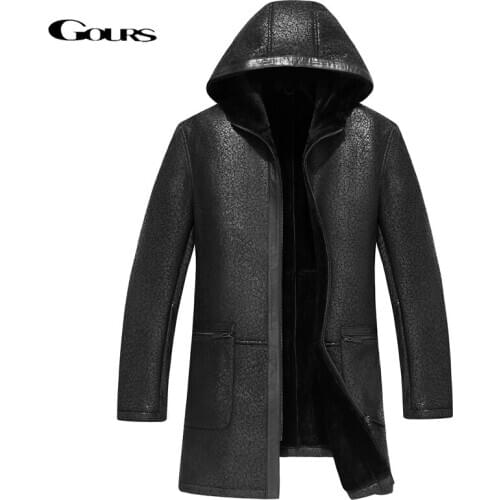 Gours Men Winter Real Leather Jackets Black Genuine Sheepskin Shearling Coat Natural Wool Lining Hooded Warm Plus Size GSJF1893